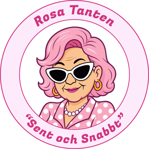 Rosa Tanten, rund logga med tanten i solglasögon